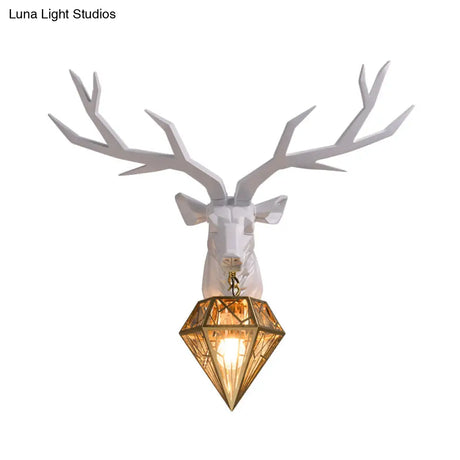 Traditional Resin Deer Wall Light With Diamond Metal Shade - 1 Sconce In White/Black 14.5/19.5 Wide