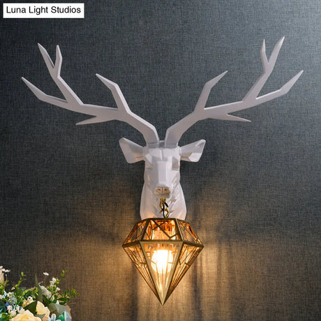 Traditional Resin Deer Wall Light With Diamond Metal Shade - 1 Sconce In White/Black 14.5/19.5 Wide