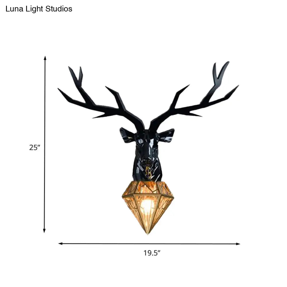 Traditional Resin Deer Wall Light With Diamond Metal Shade - 1 Sconce In White/Black 14.5/19.5 Wide