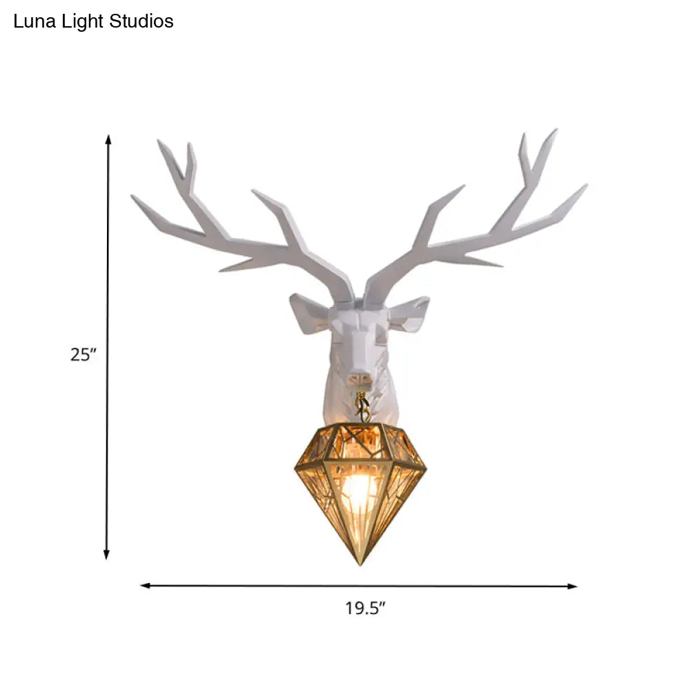 Traditional Resin Deer Wall Light With Diamond Metal Shade - 1 Sconce In White/Black 14.5/19.5 Wide