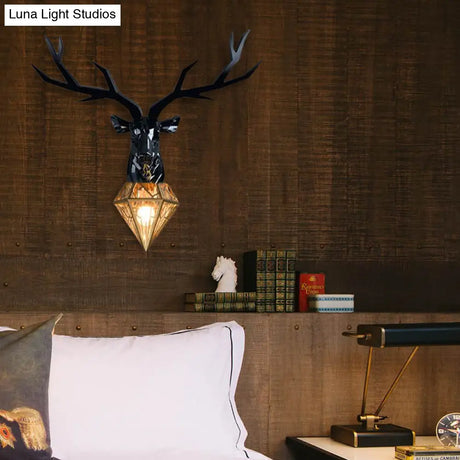 Traditional Resin Deer Wall Light With Diamond Metal Shade - 1 Sconce In White/Black 14.5/19.5 Wide