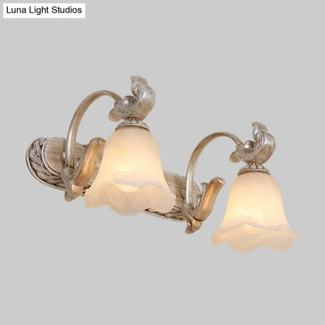 Traditional Ribbed Opal Glass Vanity Fixture With Arched Arm - Light Brown 2/3-Head Wall Sconce