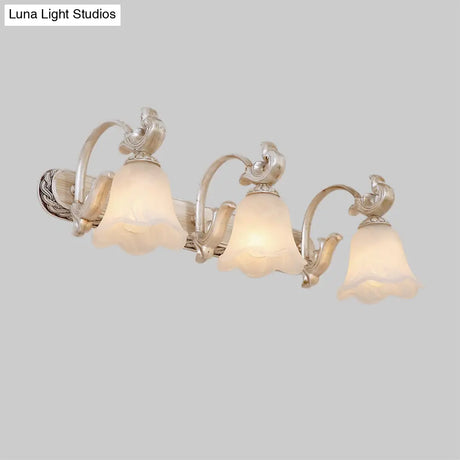 Traditional Ribbed Opal Glass Vanity Fixture With Arched Arm - Light Brown 2/3-Head Wall Sconce