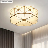 Traditional Scalloped Glass Ceiling Lamp In White & Brass For Bedroom Flush Mount Lighting