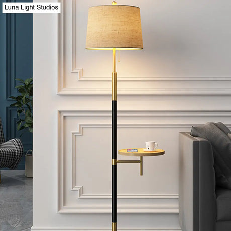 Traditional Single Living Room Floor Lamp With Pull Chain Fabric Empire Shade & Wooden Tray In