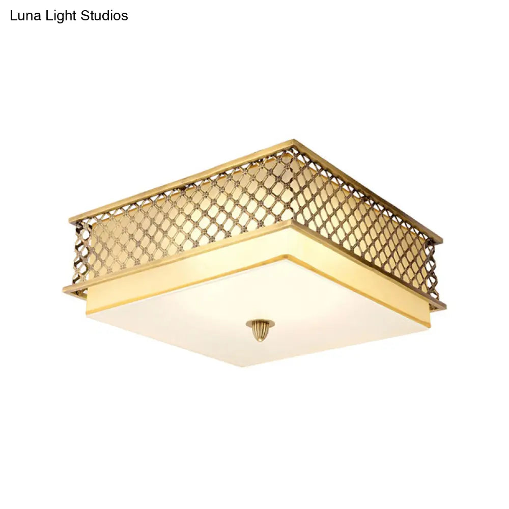 Traditional Square Metal Flushmount Lighting In Brass For Bedroom - 5 Lights 16’/19.5’ Wide