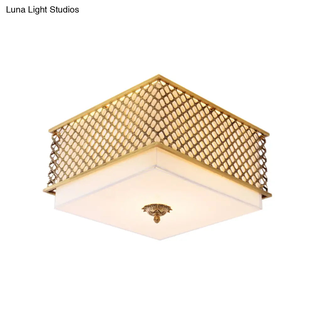 Traditional Square Metal Flushmount Lighting In Brass For Bedroom - 5 Lights 16’/19.5’ Wide