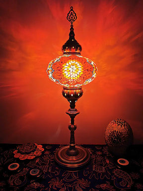 Traditional Stained Glass Bedside Floor Lamp - Elliptical Design White/Beige/Red 1 Head Standing