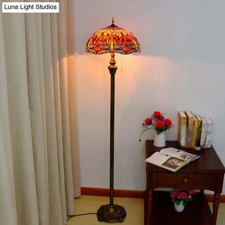 Traditional Stained Glass Dragonfly Standing Lamp With 2 Bulbs And Pull Chain - Floor Light In