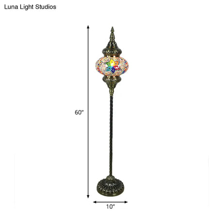 Traditional Stained Glass Oval Standing Lamp - 1 Head Living Room Floor Light In Red/Yellow/Blue