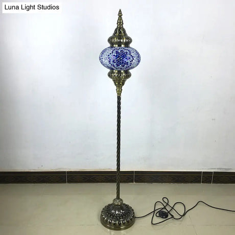 Traditional Stained Glass Oval Standing Lamp - 1 Head Living Room Floor Light In Red/Yellow/Blue