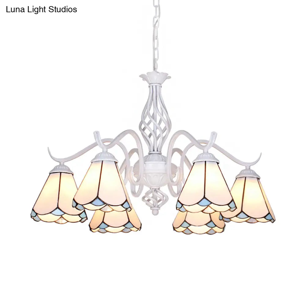 Traditional Stained Glass Pendant Chandelier With White Cone Finish In Blue/White