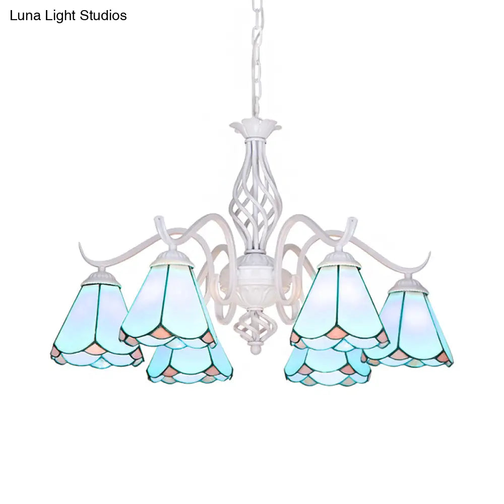 Traditional Stained Glass Pendant Chandelier With White Cone Finish In Blue/White