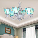 Traditional Stained Glass Pendant Chandelier With White Cone Finish In Blue/White Blue