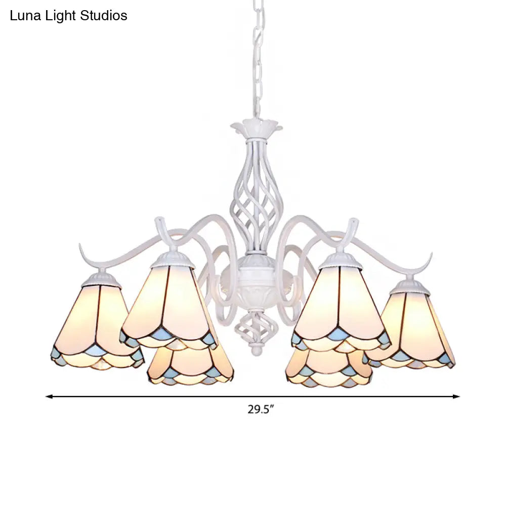 Traditional Stained Glass Pendant Chandelier With White Cone Finish In Blue/White
