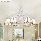 Traditional Stained Glass Pendant Chandelier With White Cone Finish In Blue/White
