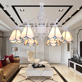Traditional Stained Glass Pendant Chandelier With White Cone Finish In Blue/White