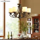 Traditional Starburst Pendant Chandelier - Black Metal Ceiling Lamp With Frosted Glass Shade