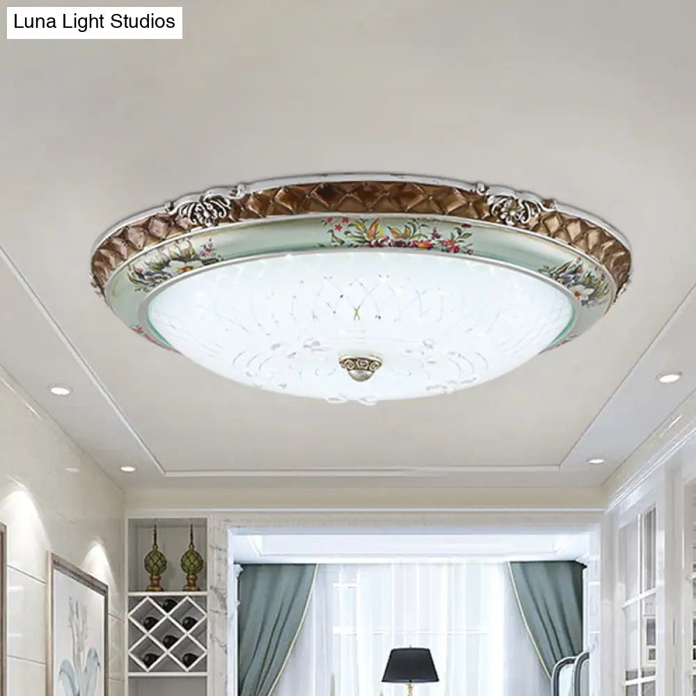 Traditional Style Blue-Brown Led Flush Mount Light Fixture With Cream Glass Domed Design -