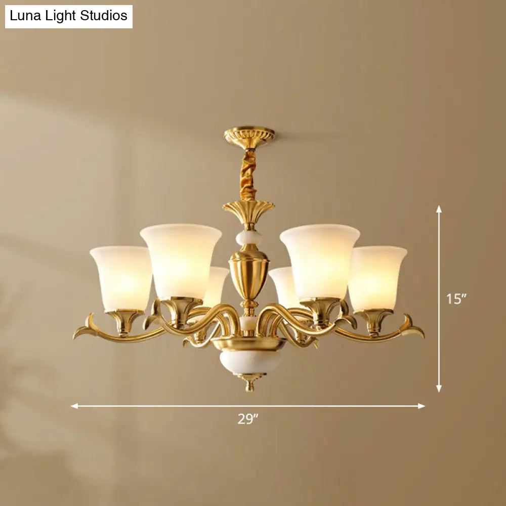 Traditional Style Cream Glass Chandelier: Flared Shaped Brass Suspension Light For Dining Room