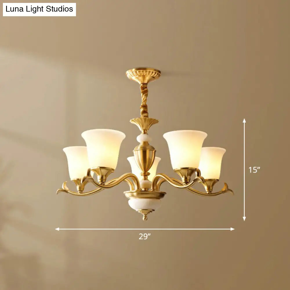 Traditional Style Cream Glass Chandelier: Flared Shaped Brass Suspension Light For Dining Room