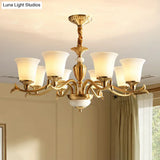 Traditional Style Cream Glass Chandelier: Flared Shaped Brass Suspension Light For Dining Room