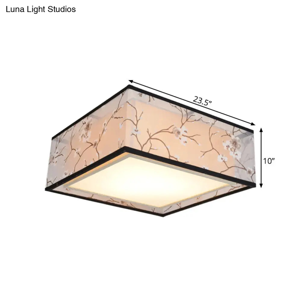 Traditional Style Fabric Square Flush Light - 4/5 Lights Ceiling Mount In White Various Sizes