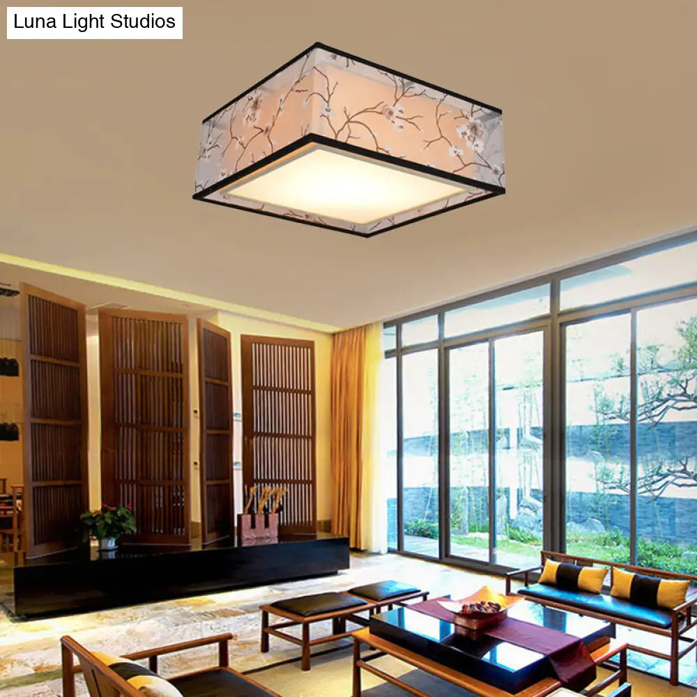 Traditional Style Fabric Square Flush Light - 4/5 Lights Ceiling Mount In White Various Sizes