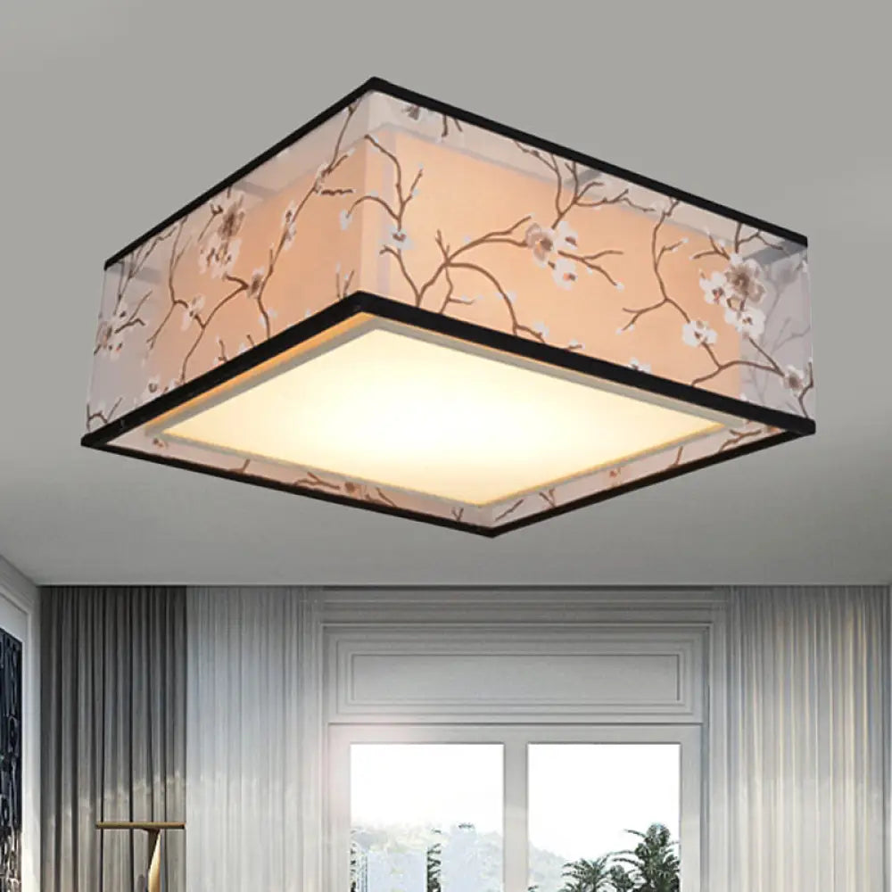 Traditional Style Fabric Square Flush Light - 4/5 Lights Ceiling Mount In White Various Sizes