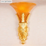 Traditional Style Yellow Glass Bell Wall Mount Sconce - 1 Light Corridor Lighting In Bronze/Gold