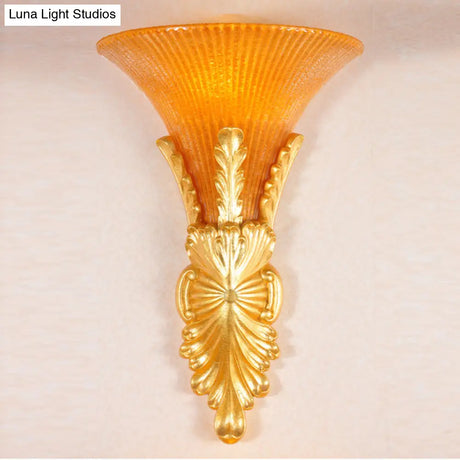 Traditional Style Yellow Glass Bell Wall Mount Sconce - 1 Light Corridor Lighting In Bronze/Gold