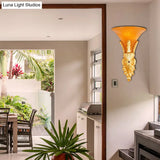 Traditional Style Yellow Glass Bell Wall Mount Sconce - 1 Light Corridor Lighting In Bronze/Gold