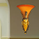 Traditional Style Yellow Glass Bell Wall Mount Sconce - 1 Light Corridor Lighting In Bronze/Gold