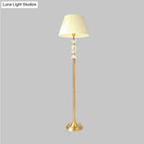 Traditional Tapered Fabric Standing Lamp: White Floor Light With Crystal Accent - Perfect For Living