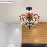 Traditional Tiffany Stained Glass Ceiling Lamp - Scalloped Semi Flush 12’ Or 16’ Bronze Finish