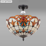 Traditional Tiffany Stained Glass Ceiling Lamp - Scalloped Semi Flush 12’ Or 16’ Bronze Finish