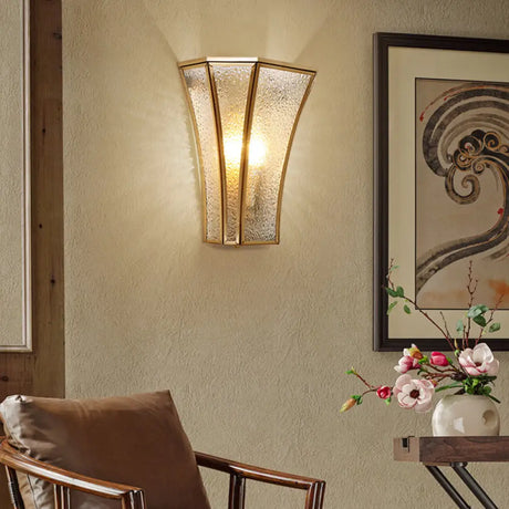 Traditional Trumpet Sconce Light With Textured Glass - Gold Wall Lamp For Living Room