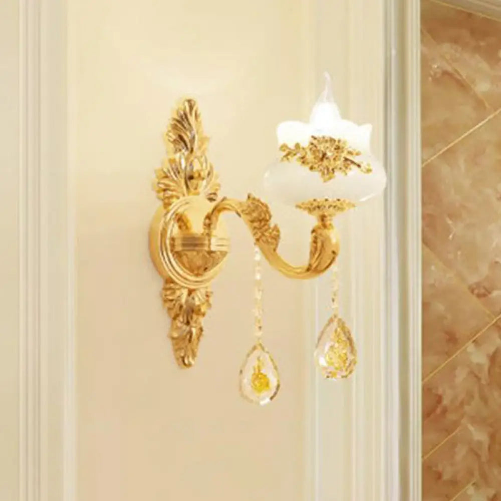 Traditional Wall Light Fixture With Imitation Jade Gold Design And Crystal Draping 1 / C