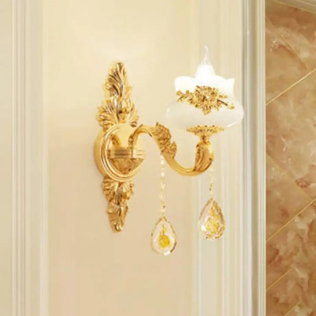Traditional Wall Light Fixture With Imitation Jade Gold Design And Crystal Draping 1 / C
