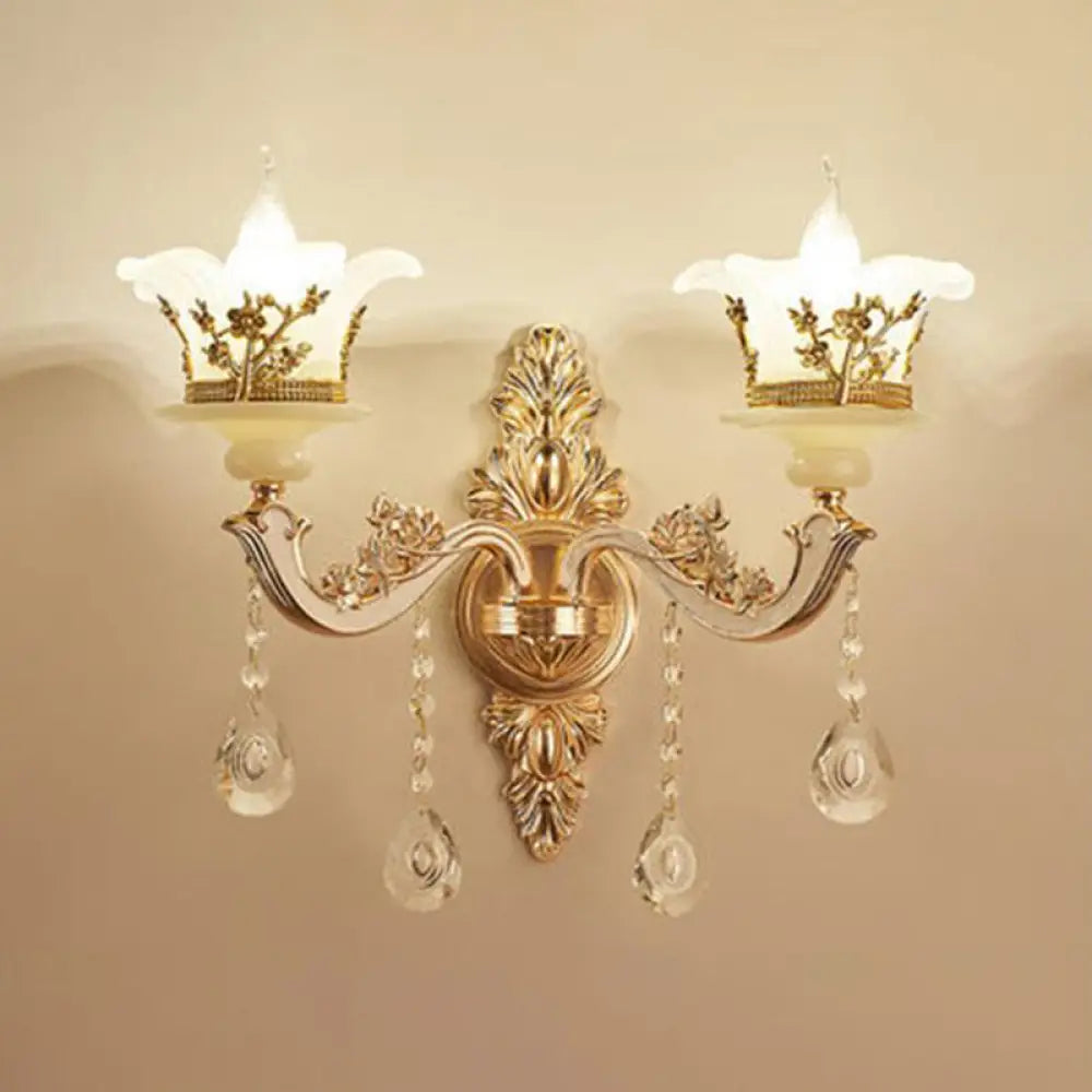 Traditional Wall Light Fixture With Imitation Jade Gold Design And Crystal Draping 2 / D
