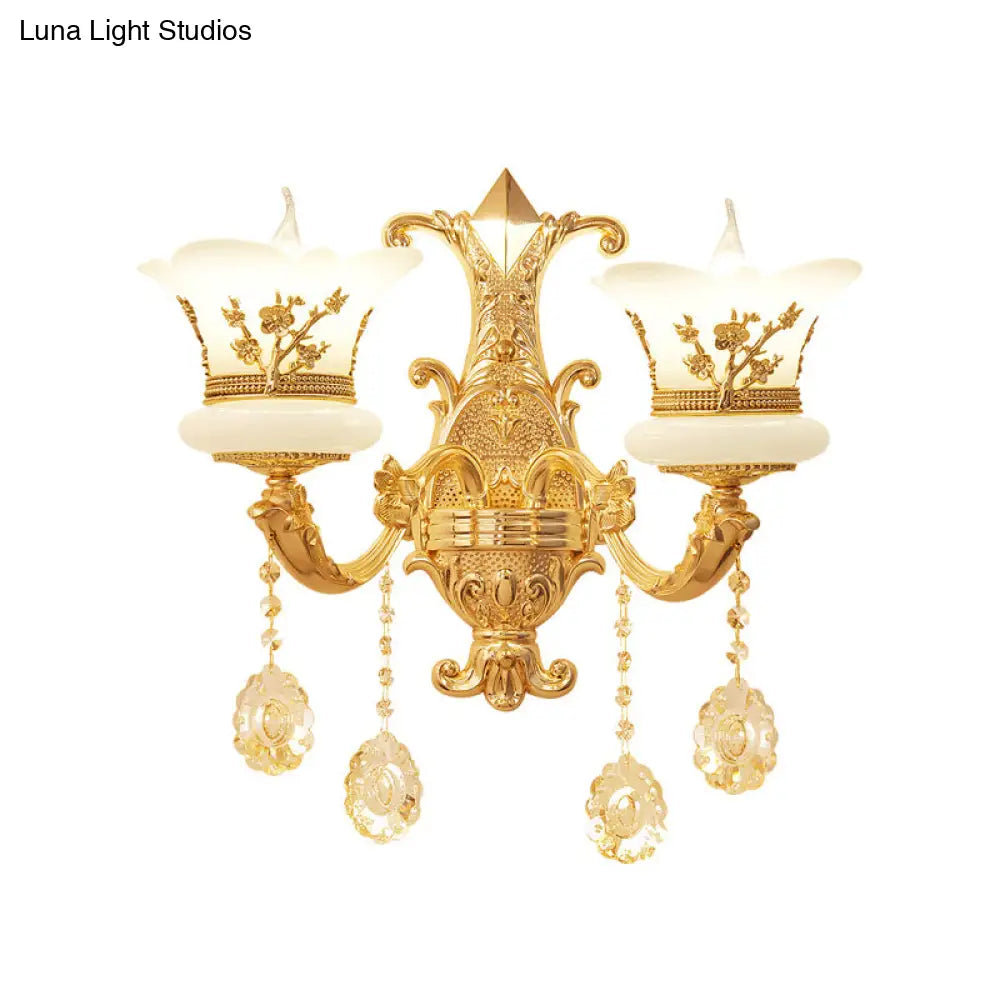 Traditional Wall Light Fixture With Imitation Jade Gold Design And Crystal Draping