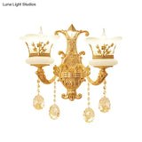 Traditional Wall Light Fixture With Imitation Jade Gold Design And Crystal Draping