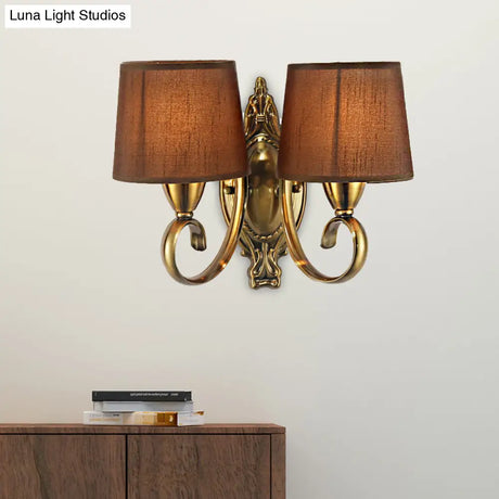 Traditional Wall Mount Lamp 1/2-Light Metal Sconce With Fabric Shade In Coffee For Living Room