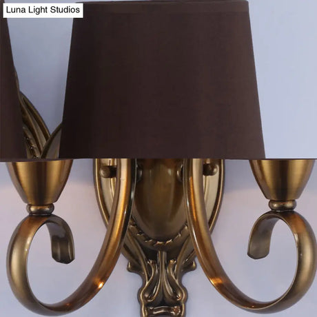 Traditional Wall Mount Lamp 1/2-Light Metal Sconce With Fabric Shade In Coffee For Living Room