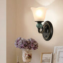Traditional Wall Mounted Black Flared Lamp With Opal Ribbed Glass And Swirl Arm For Bedroom Sconce 1