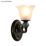 Traditional Wall Mounted Black Flared Lamp With Opal Ribbed Glass And Swirl Arm For Bedroom Sconce