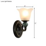 Traditional Wall Mounted Black Flared Lamp With Opal Ribbed Glass And Swirl Arm For Bedroom Sconce