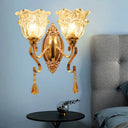 Traditional Wall Sconce Lamp Fixture: Gold 2-Light Clear Crystal Glass Flower Shade Lighting