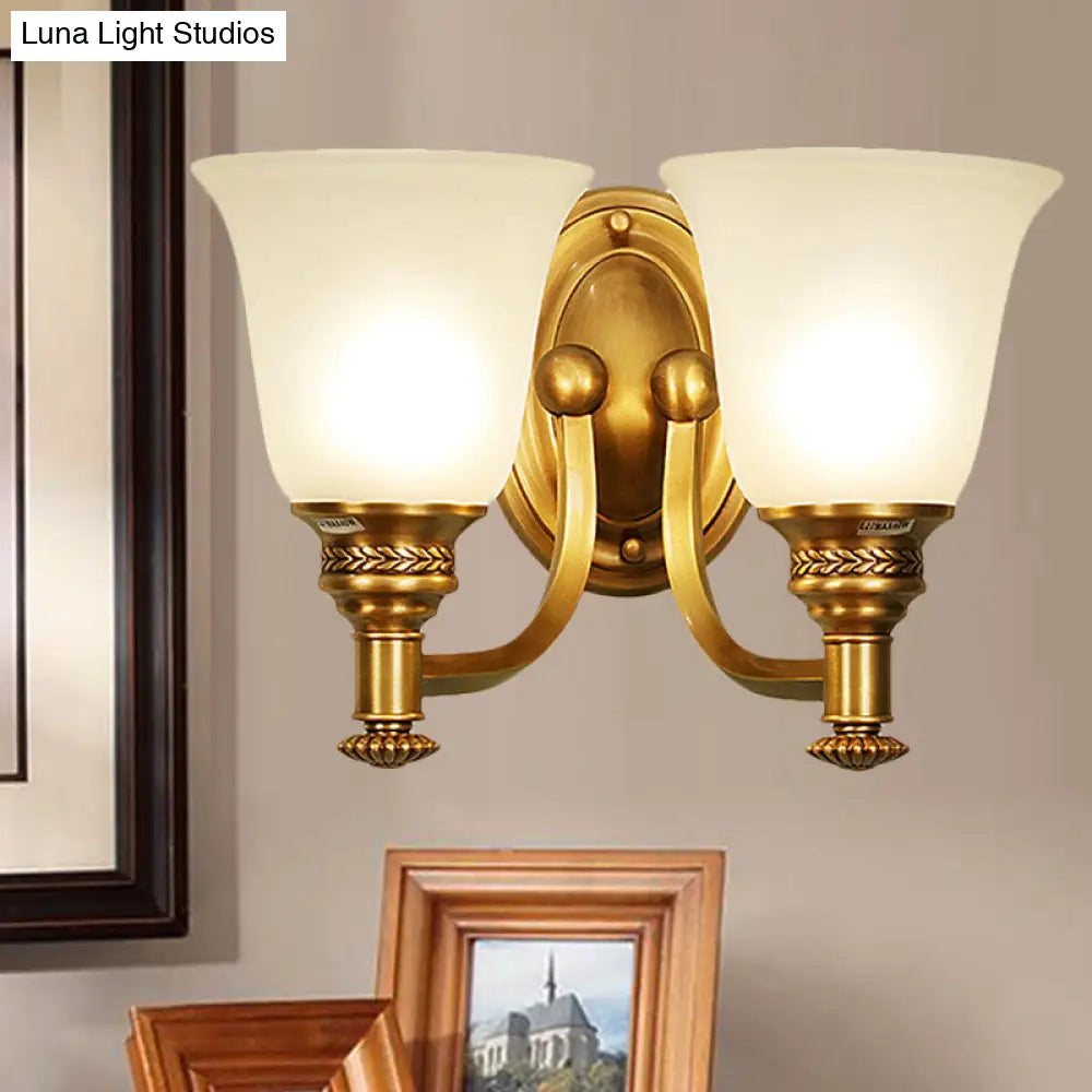 Traditional Wall Sconce With Brass Bell & White Glass Shade Mounted Curvy Metal Arm - Perfect For