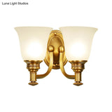 Traditional Wall Sconce With Brass Bell & White Glass Shade Mounted Curvy Metal Arm - Perfect For